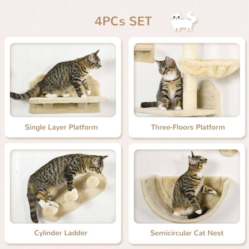 PawHut Cat Wall Shelves, 4 Pcs Cat Wall Furniture Cat Climbing Shelf with Cat Hammock, 3 Steps, Perches, Scratching Postfor