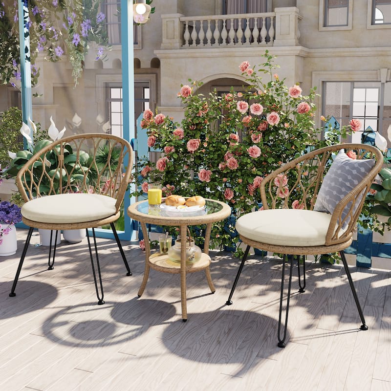 Outdoor Leisure Set, 2 Rattan Single Chairs with 1 Glass Round Table