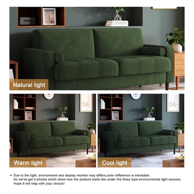 Modern Corduroy Upholstered 2 Seater Sofa with Bolster Pillows