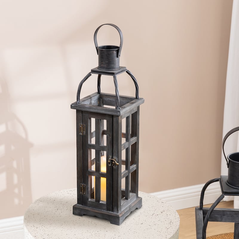 Glitzhome Farmhouse Wooden Metal Cage Candle Holders Patio Hanging Vintage Lanterns (Set of 2)