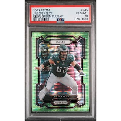 Jason Kelce 2023 Panini Prizm Neon Green Pulsar Football Card #245 Graded PSA 10 - 8'6" x 11'6"
