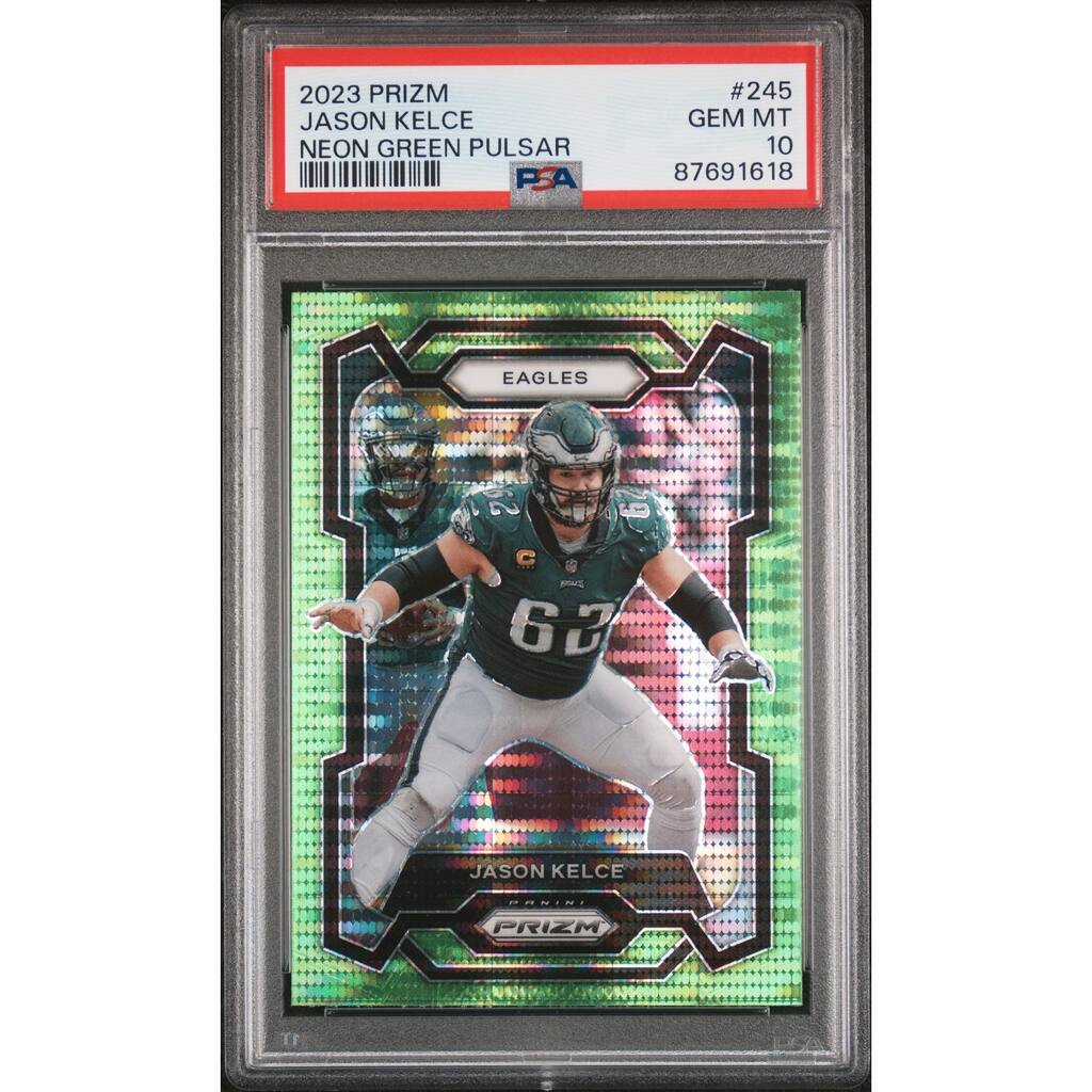 Jason Kelce 2023 Panini Prizm Neon Green Pulsar Football Card #245 Graded PSA 10 - 8'6" x 11'6"