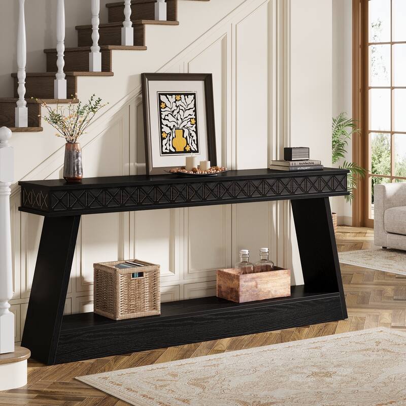 Farmhouse 2-Tier Console Table for Entryway, Living Room, Hallway, Foyer - 70.87" D x 11.81" W x 31.5" H - Black