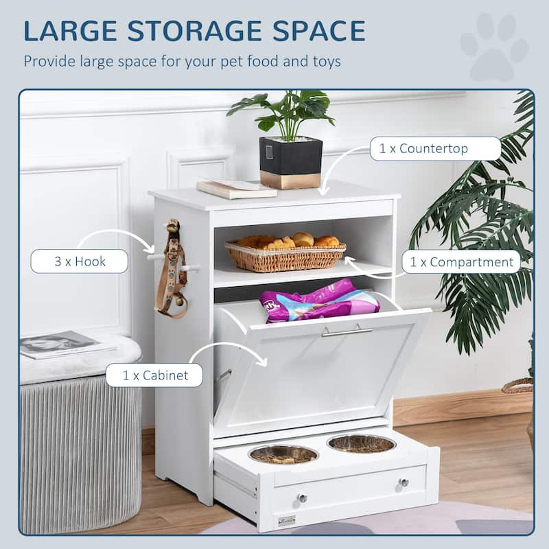 Pet Feeder Station Storage Cabinet, Dog Food Container with Dog Raised Bowls and Hanger for Feeding & Watering Supplies
