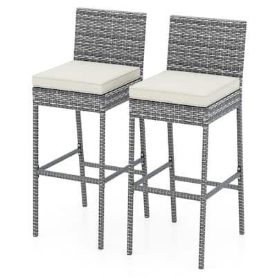 Gymax 2 PCS Patio Wicker Barstools Bar Height Chairs W/ Cushions