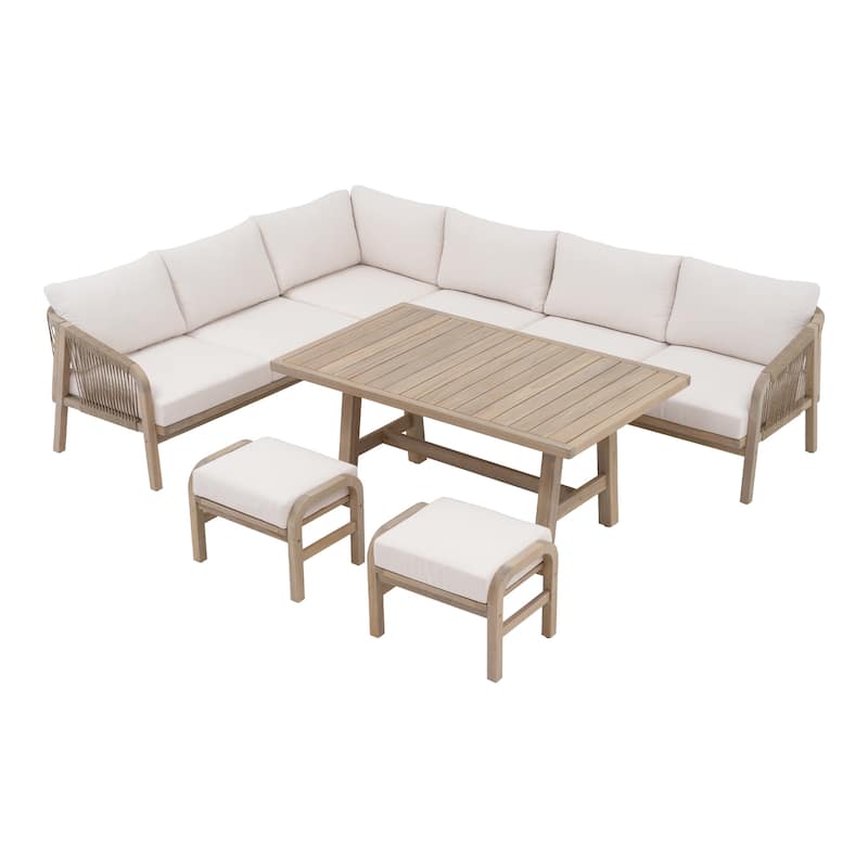 Outdoor Sectional Sofa Set 6-Piece Acacia Wood L-Shaped Corner Sofa Set with Dining Table & Ottoman