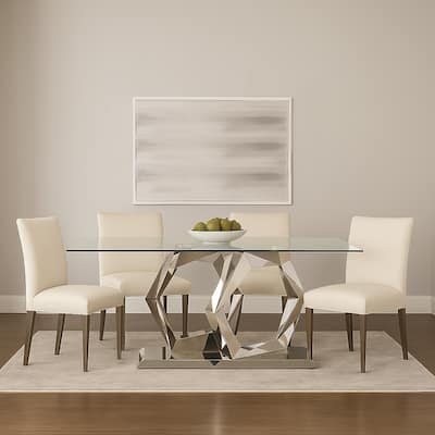Glass Top Dining Table with Steel Double Hexagonal Base, Chrome