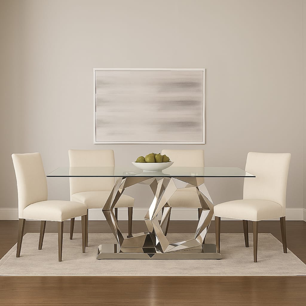 Glass Top Dining Table with Steel Double Hexagonal Base, Chrome