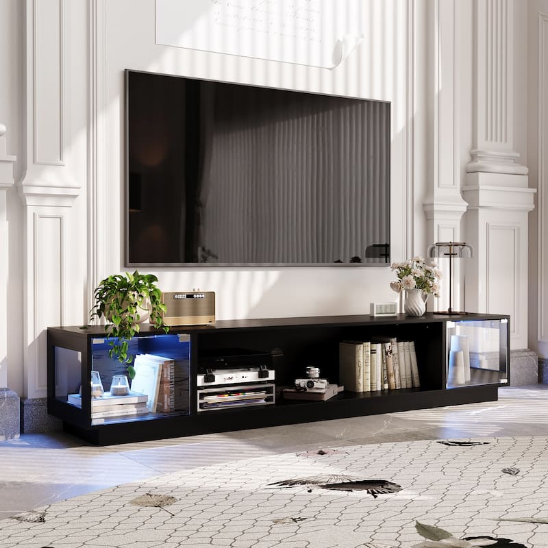 Modern Black Fireplace TV Stand Combo,Remote Fireplace Heater,2 Drawers,Light Strip & USB