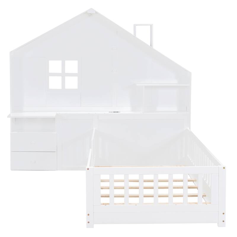 House Bed with Window and Bedside Drawers, Platform Bed with Shelves and a set of Sockets and USB Port - White