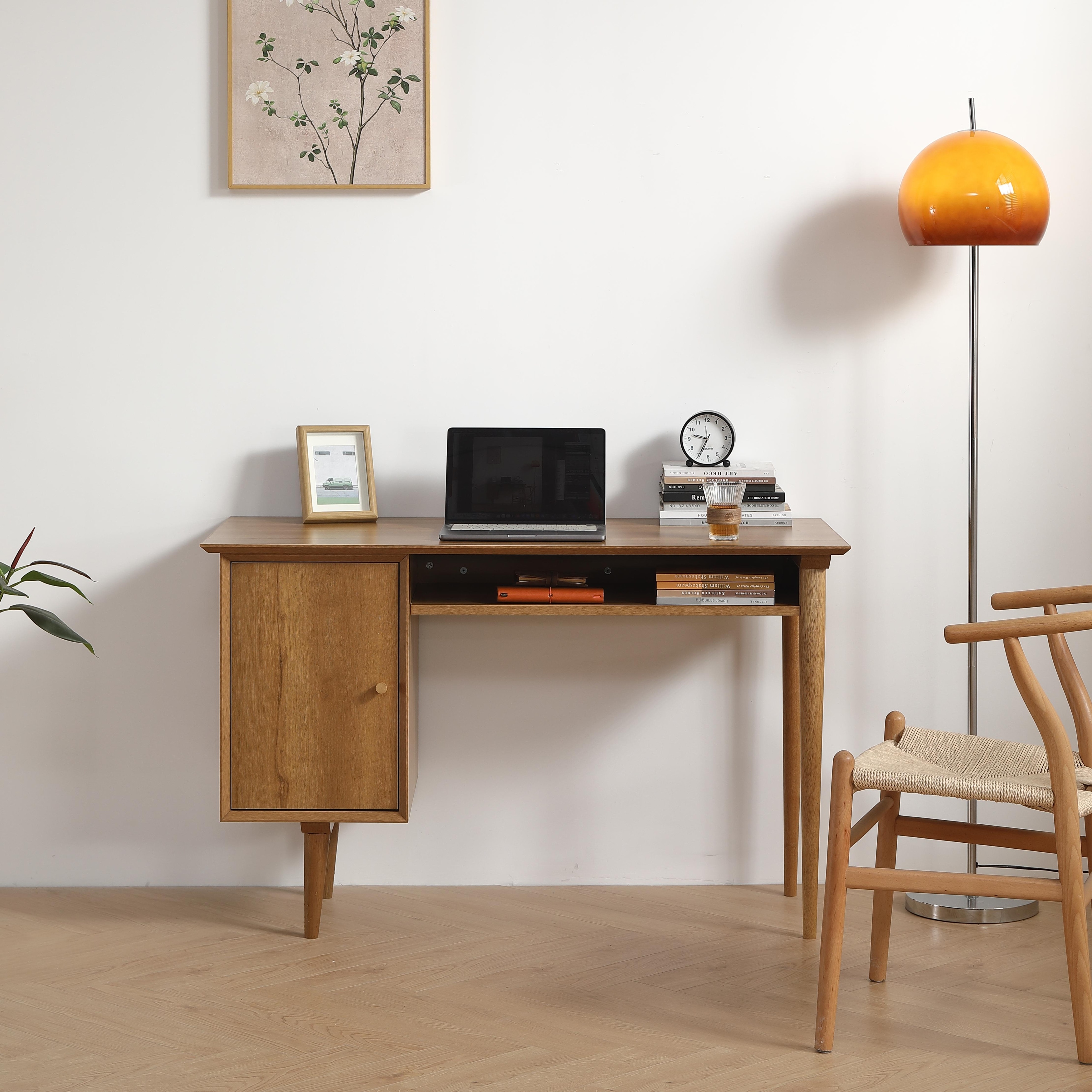 Antique Yellow Computer Desk Writing Desk with Storage Shelf