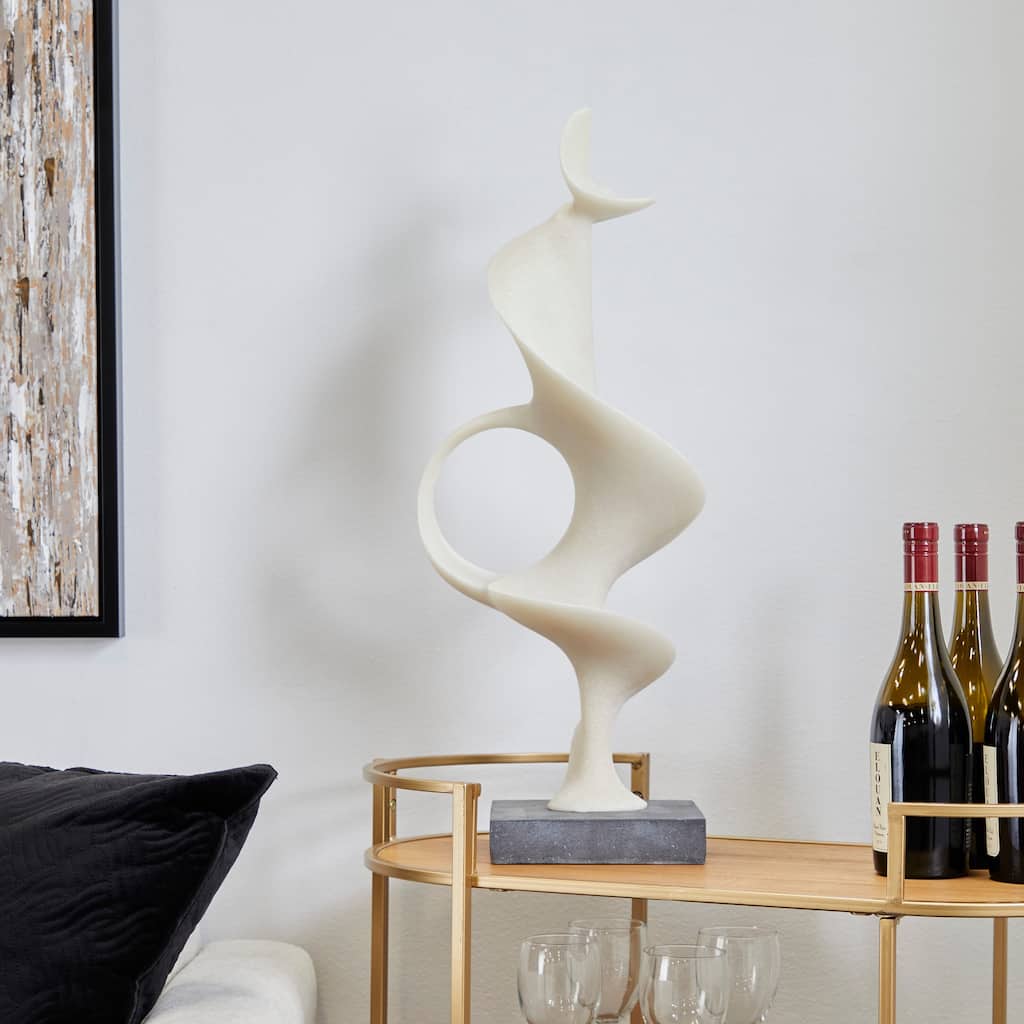 Contemporary White Polystone Abstract Sculpture with Black Base