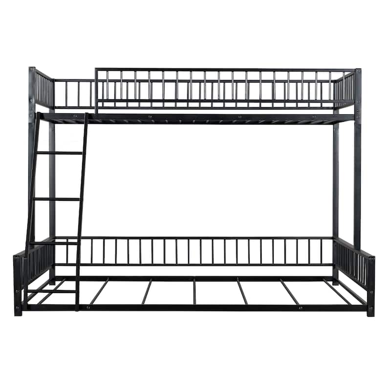Roomfitters Twin/Full XL over Queen Floor Bunk Bed Frame with Ladder and Safety Guardrails Easy Assembly, Black