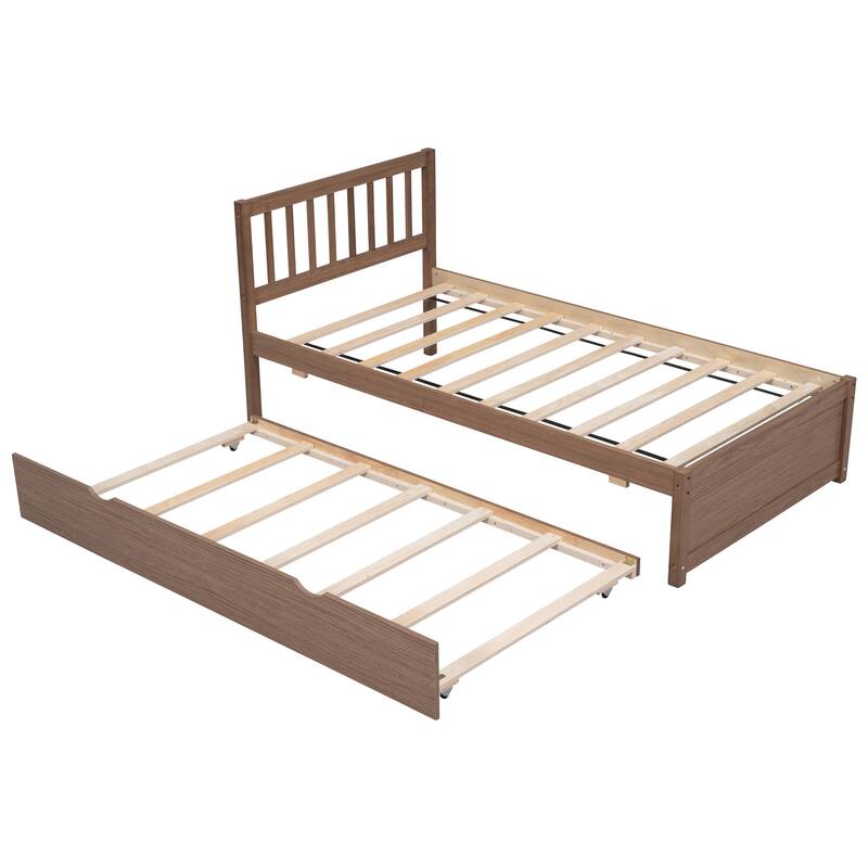 Brown Twin Platform Bed in Walnut Wood with Trundle and Fence Headboard - Modern Space-Saving Design