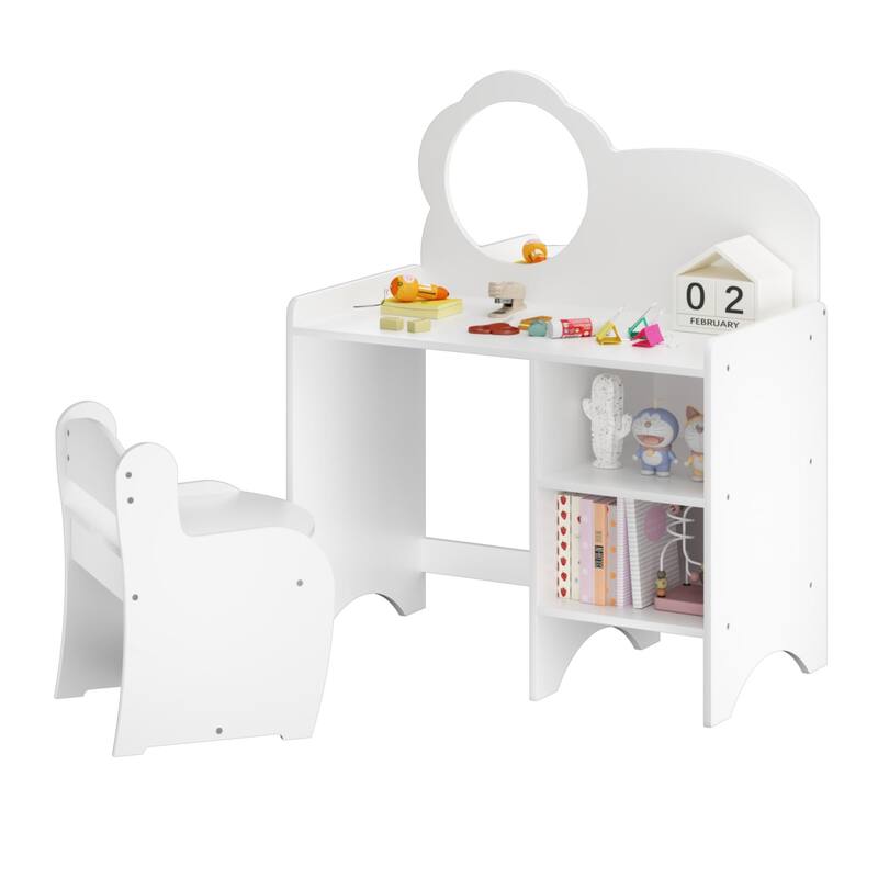 Anmytek Kids Wooden Vanity Table with Mirror and Chair Storage Shelves Multifunctional Study Activity Table
