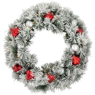 B/O Snowy Bristle Pine Christmas Wreath 24" Warm White LED
