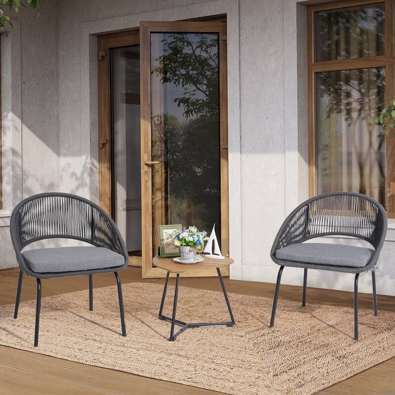 Luxurious 3-Piece Metal Woven Rope Outdoor Bistro Set with Gray Cushion & Coffee Table - 24.8*24.6*29.2 INCH - Grey