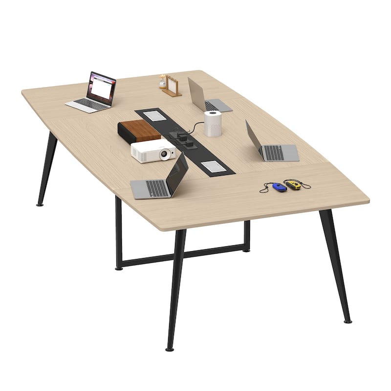 Moasis 7.4FT Conference Table Boat Shaped Meeting Table with Power Outlets & USB Ports - Natural Wood
