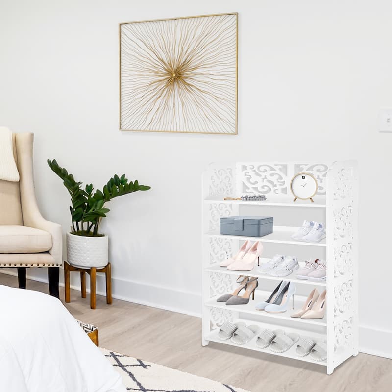 HELLO LAURA Versatile 5-Tier Wood-Plastic Shoe Rack Shoes Tower 15 of pairs of shoe White Finish - L - White
