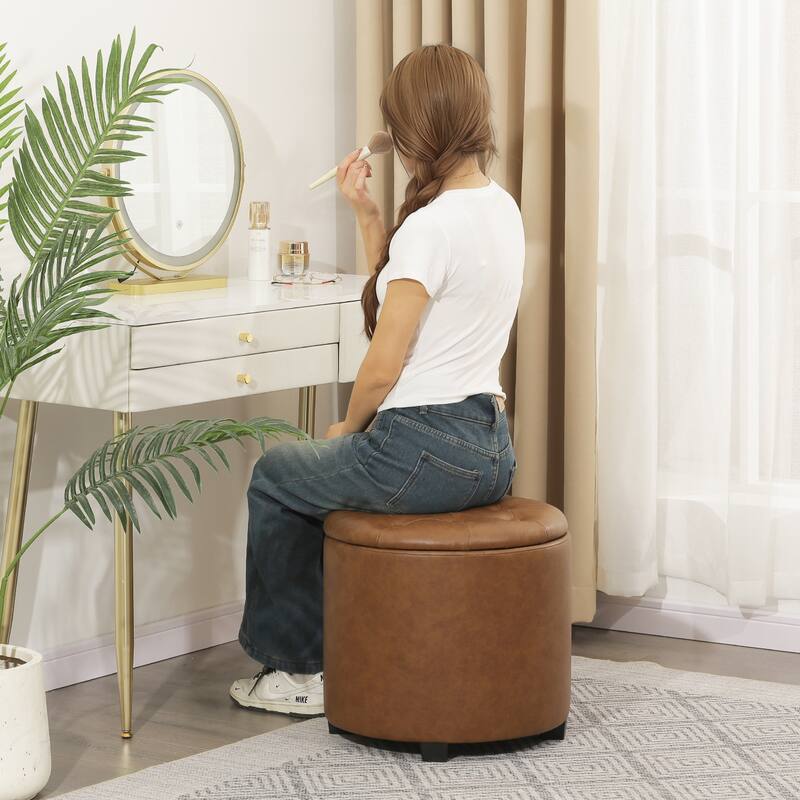 Adeco 17" Faux Leather Round Storage Ottoman with Tufted