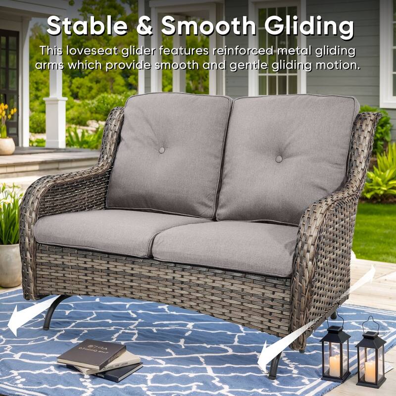 Patio Wicker Loveseat Sofa and Swivel Chair with Table - Grey cushion