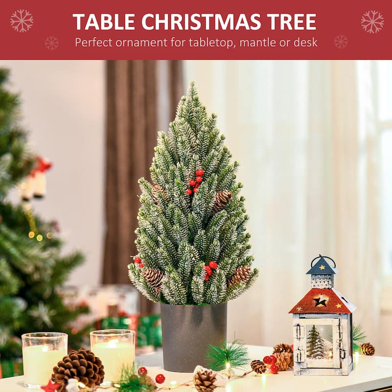 18" Mini Tabletop Xmas Pinecones Tree with Flocked Design and 170 Tips Red Berry for Decorations - 10.75"Dia x 18.5" H