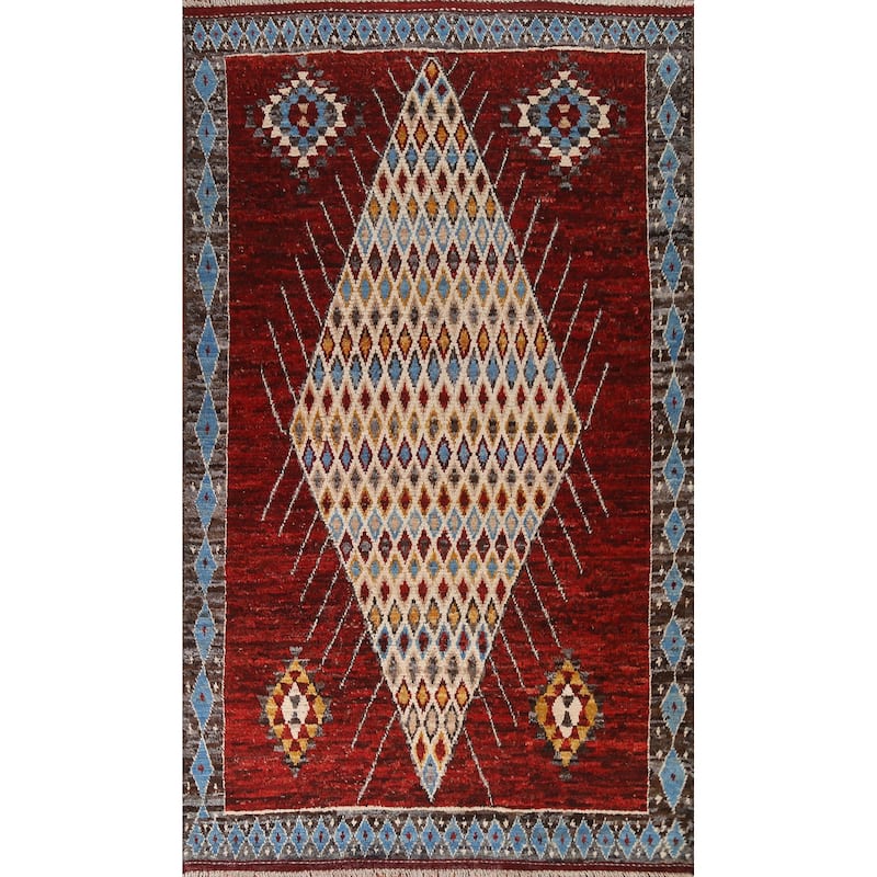 Hand Knotted Oriental 100% Wool Carpet Modern Tribal Red Moroccan Area Rug - 10' 3'' X 6' 7''