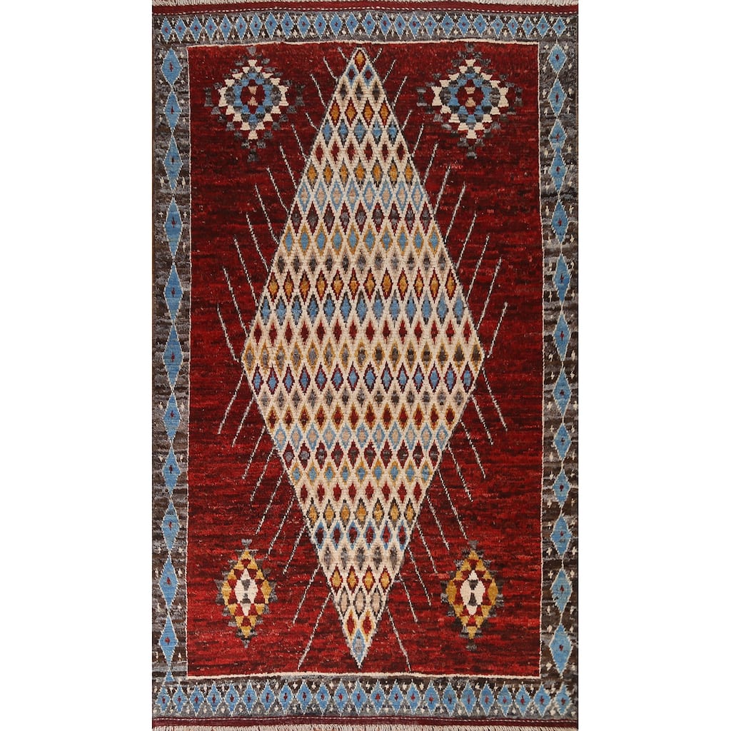 Hand Knotted Oriental 100% Wool Carpet Modern Tribal Red Moroccan Area Rug - 10' 3'' X 6' 7''