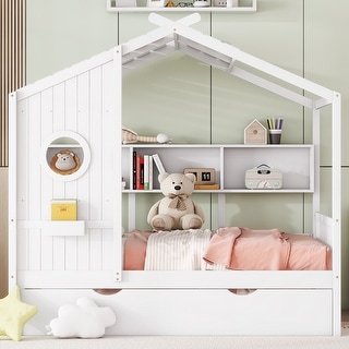 Wooden Full Size House Bed With Trundle, Modern Design for Kids with Storage Shlef