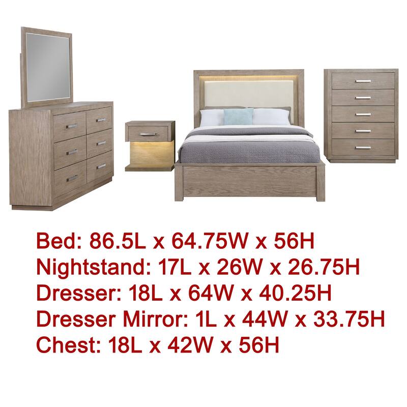 Keno 5pc Queen Bedroom Set, Underbed Storage, LED, Beige Upholstered