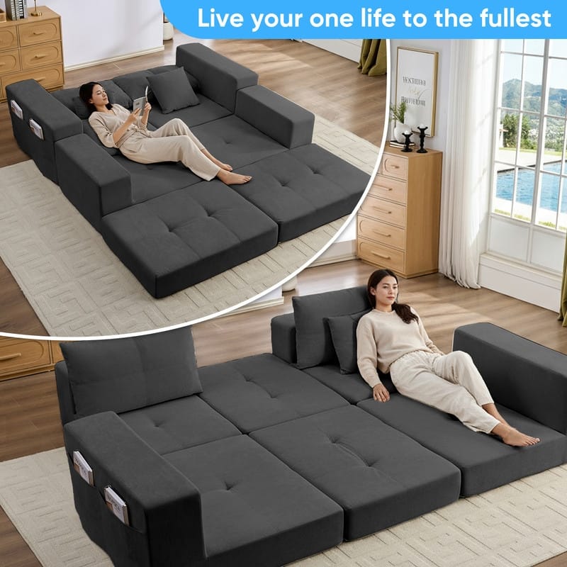 Mixoy 6-PCS Double Deep Seat Modular Sectional Sofa,Free Combinations Modern Chenille Sleeper Sofa Bed,No Assembly Required