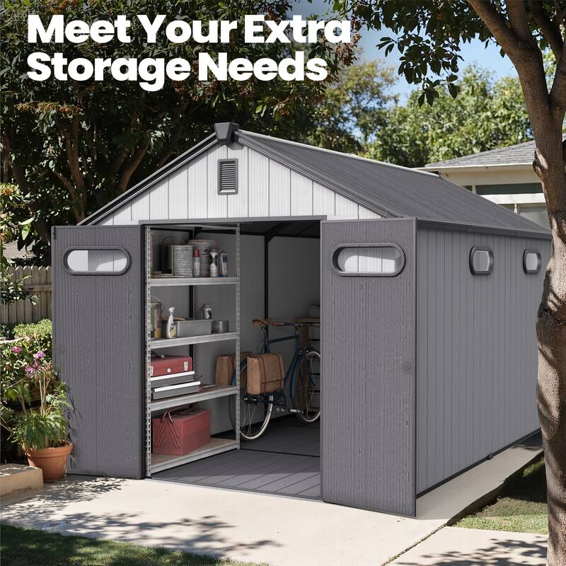 All-Weather Lockable Door Resin Outdoor Storage Shed with Window Floor for Patio Furniture and Tools