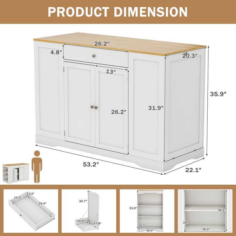 53" Mobile Kitchen Island Cart with Trash Can Cabinet, Spice Rack, Drawer & Towel Bar