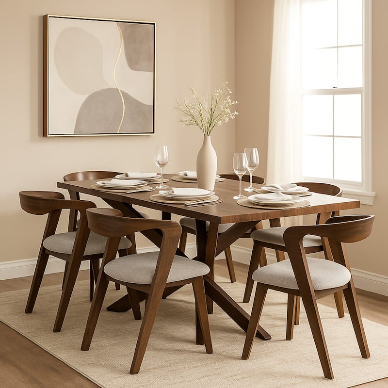 Vyva 7pc Dining Table Set, 6 Ivory White Chairs, Brown Full Solid Wood