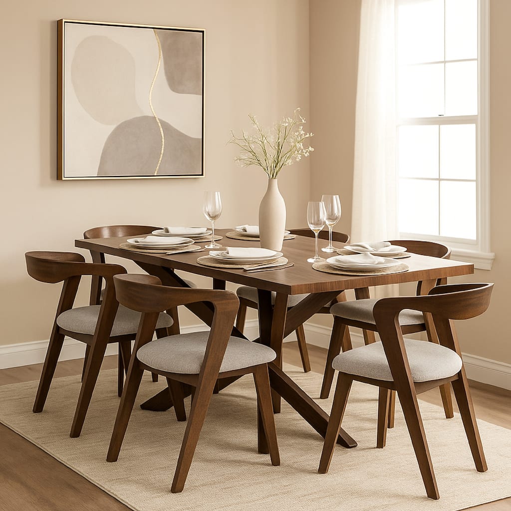 Vyva 7pc Dining Table Set, 6 Ivory White Chairs, Brown Full Solid Wood