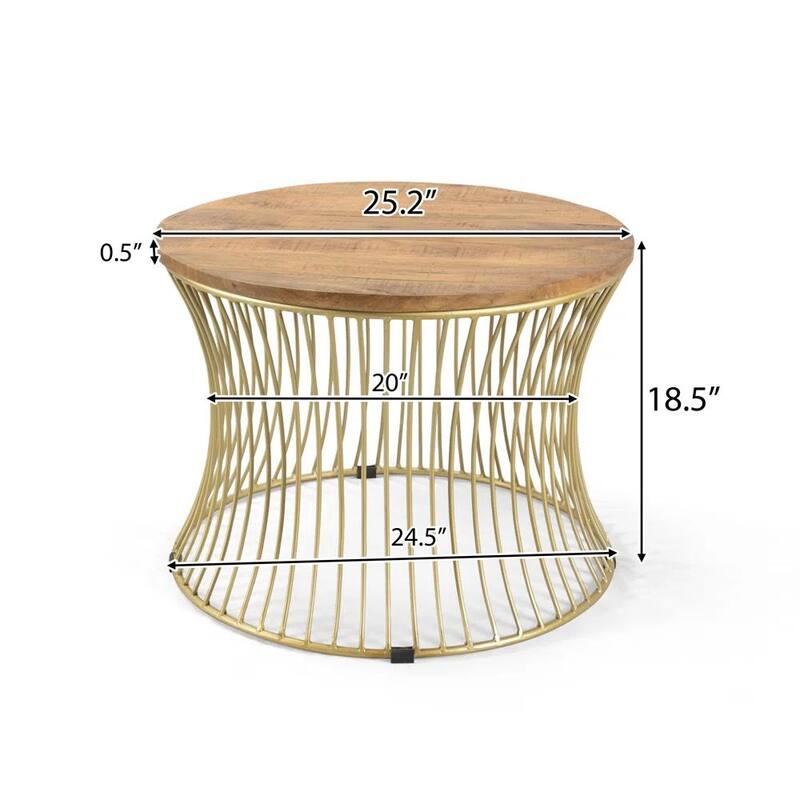 25.2" Boho Round Coffee Table with Hourglass Shaped Base and Mango Wood Top
