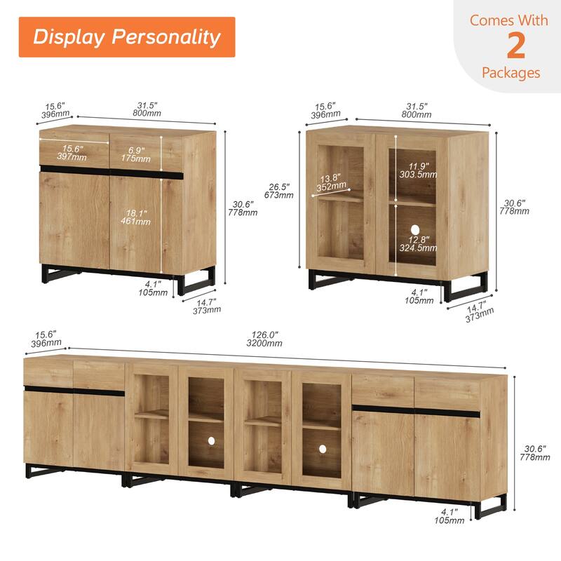 4-in-1 TV Stand for 120" TVs, Entertainment Center with Glass Doors & Metal Legs