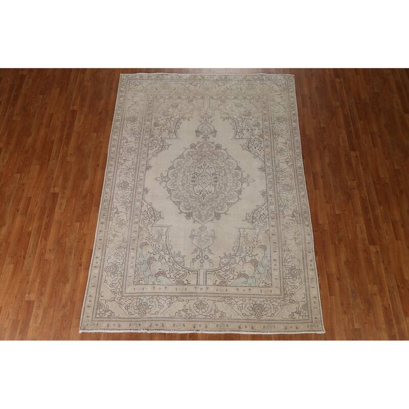 Hand Knotted Oriental 100% Wool Carpet Traditional Medallion Beige & Ivories Tabriz Area Rug - 9' 0'' X 6' 4''