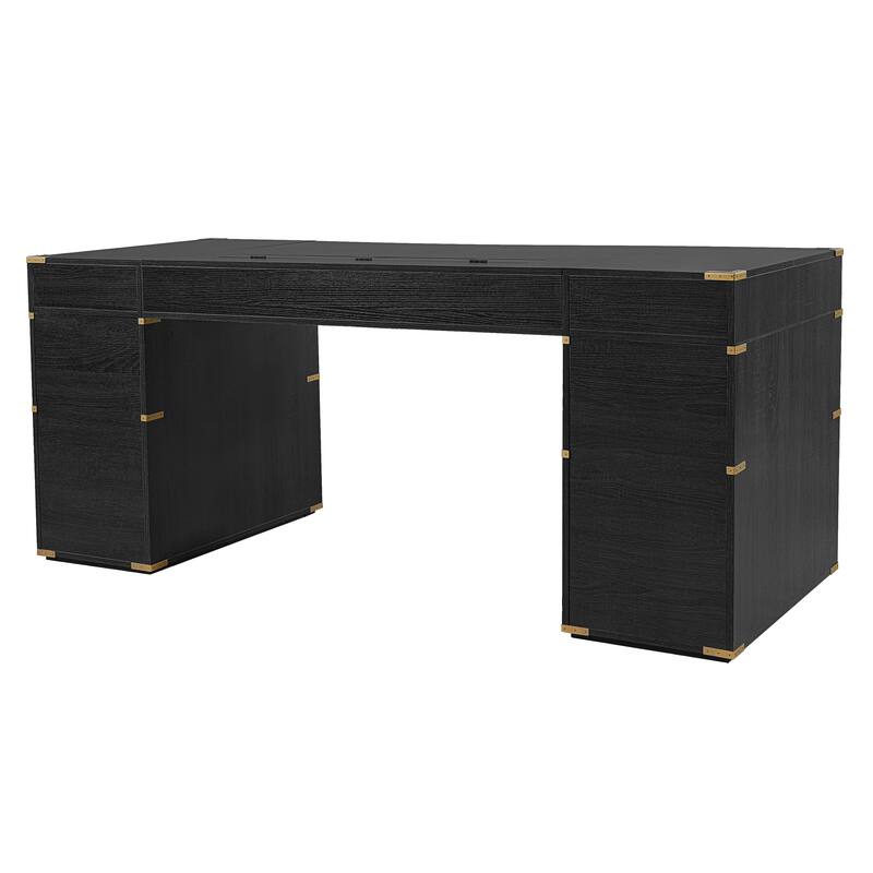 70" Traditional Executive Desk with Metal Trim, 2 File Drawers, USB Ports & Hidden Compartment