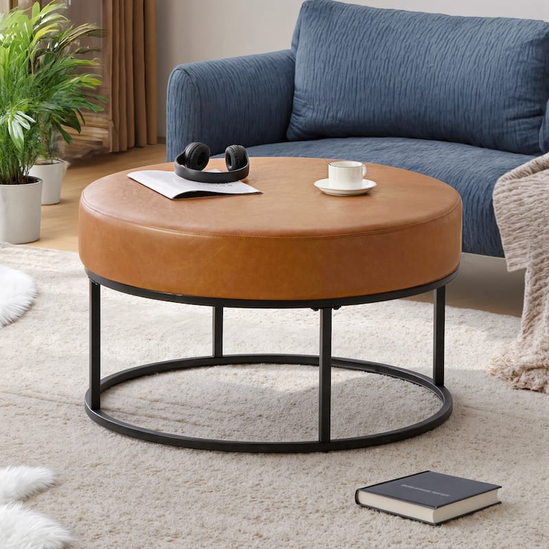 Faux Leather Round Ottoman for Living Room with Metal Legs - Brown