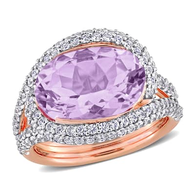 Miadora 7ct TGW Pink Amethyst and Created Whtie Sapphire Halo Crossover Ring in Rose Plated Sterling Silver