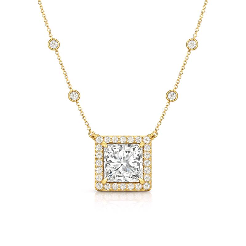Auriya 14K Gold Lab Grown Princess Diamond Halo Pendant with Bezel Necklace 1.00 to 5.00 ct. tw. (F-G VS) - Yellow - 2.15ct. tw.