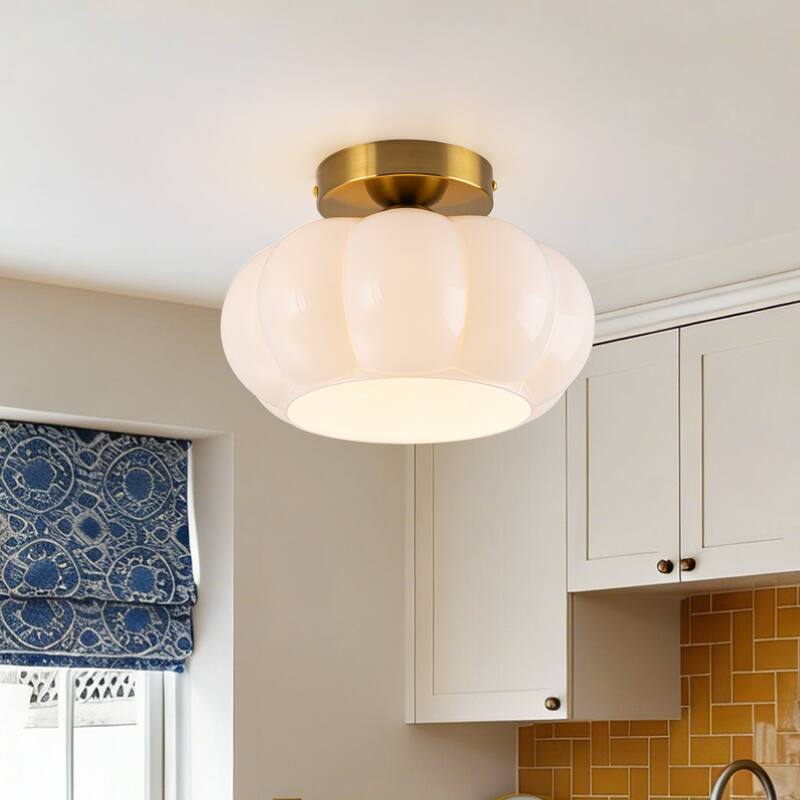 Contemporary 1-Light Dome Ceiling Light with Opal Glass Shape - Brass - 9.8" W × 6.5" H