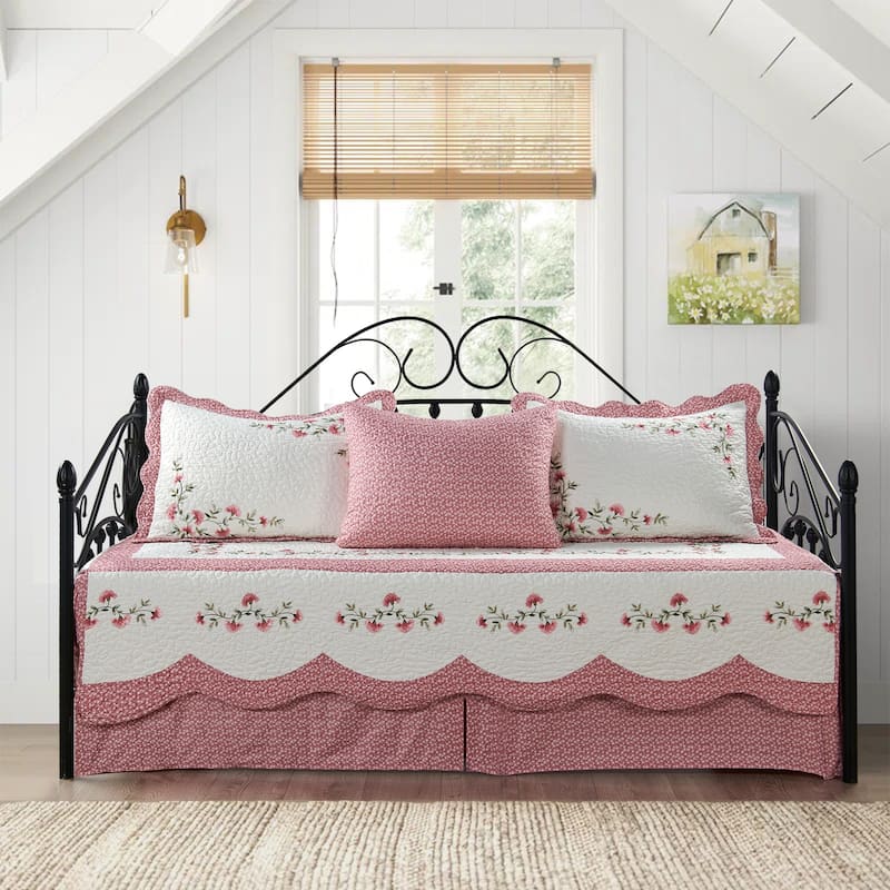 5 Piece Embroidered Daybed Cover Set with Bedskirt