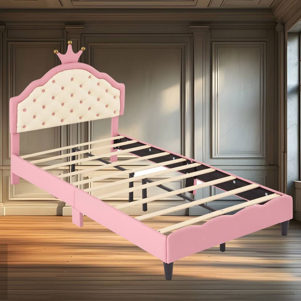 Twin Size Princess Bed with Crown Headboard, Tufted Leather Upholstery, and Dreamy Design in Pink & Cream