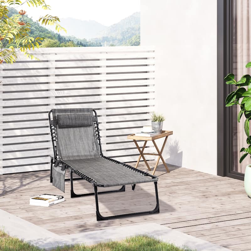 Outsunny Reclining Lounge Chair, Portable Sun Lounger, Folding Camping Cot, with Adjustable Backrest and Removable Pillow - Mixed Grey
