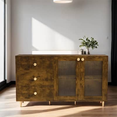 Modern Wood Side Cabinets with Glass Doors and Drawers