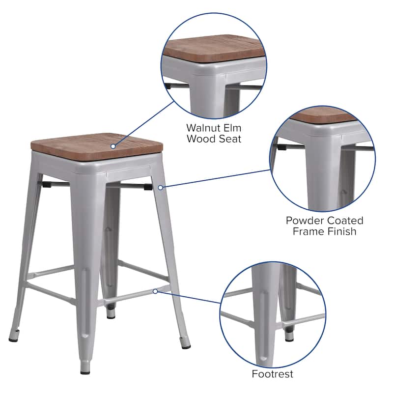 24" High Backless Metal Counter Height Stool with Square Wood Seat