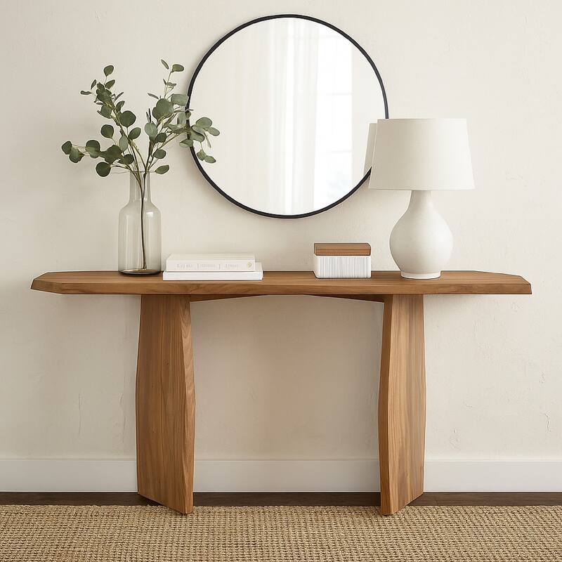 Console Sofa Table, Acacia Wood Irregular Tabletop, Brown 64 Inch
