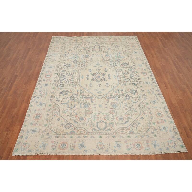 Hand Knotted Oriental 100% Wool Carpet Traditional Floral Beige & Ivories Tabriz Area Rug - 10' 5'' X 7' 10''